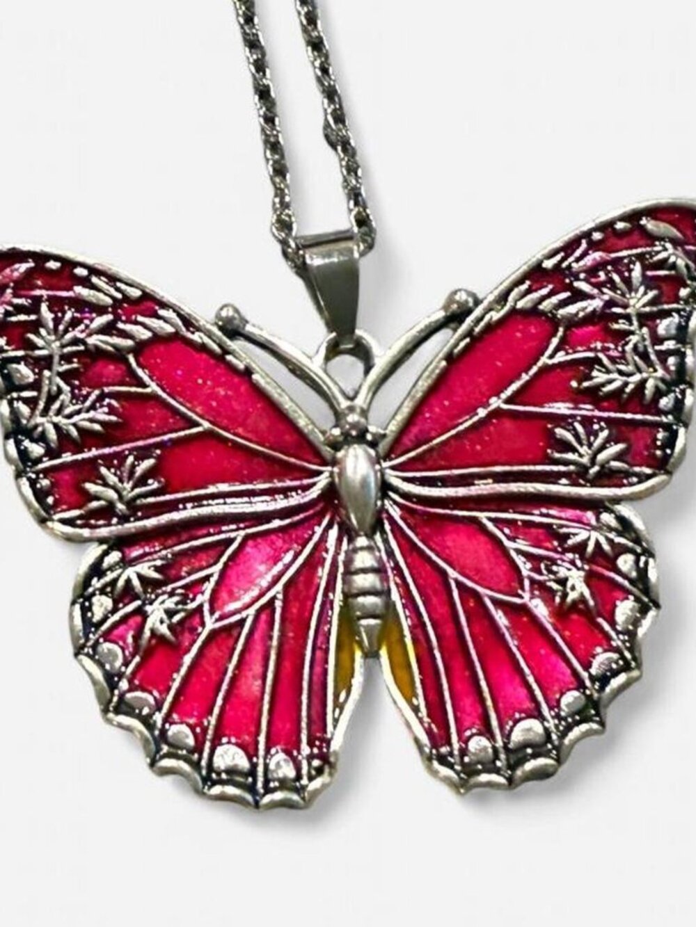 Red Butterfly Pendant Necklace Silver Tone 16" Chain